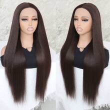 Blonde Lace Front Wigs Pre Plucked Long Straight Hair Replacement Wig Glueless Heat Resistant Fiber 13x4x1 Middle Part Synthetic Frontal Lace Replacement Wigs For Fashion Women Girls Party Daily Wear 32 Inches - Dark Brown - Xem 2
