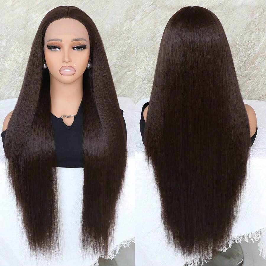 Blonde Lace Front Wigs Pre Plucked Long Straight Hair Replacement Wig Glueless Heat Resistant Fiber 13x4x1 Middle Part Synthetic Frontal Lace Replacement Wigs For Fashion Women Girls Party Daily Wear 32 Inches - Dark Brown - Xem 1