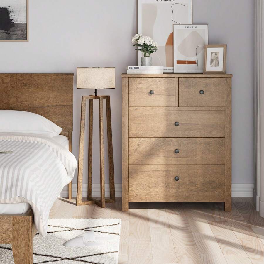 Cómoda de 5 cajones WhizMax, organizador de cómoda de madera con asa de metal, cómoda moderna para dormitorio, sala de estar, entrada, pasillo, oficina en casa y oficina, blanco/marrón/caqui - Caqui - Ver 1