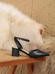 Women's Black Pointed Toe Chunky Heel Pumps, Elegant Pointed Toe Formal High Heel Shoes, Fashion Ankle Strap Open Toe High Heels