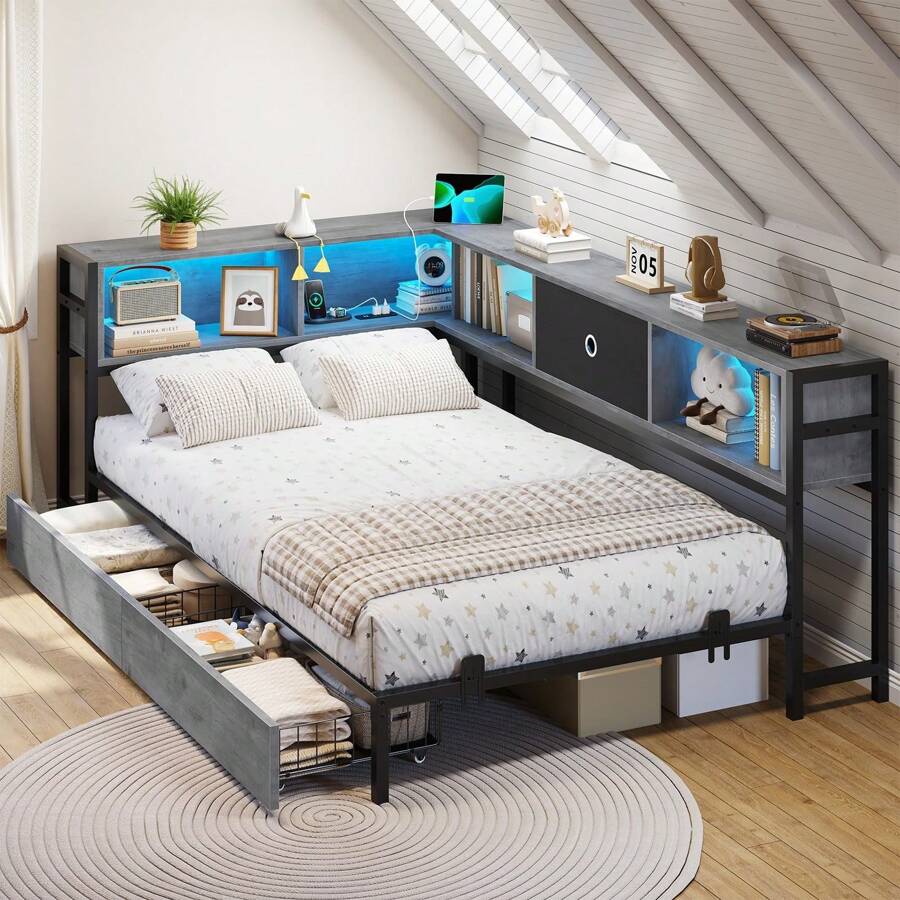 Twin Size Corner Bed Frame With Bookcase Storage Headboard And Storage Drawers, Metal Daybed Bed Frame With LED Lights And Charging Station, Gray - 灰色 - 查看 1