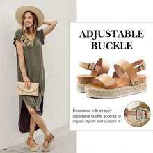 Athlefit Women's Espadrilles Sandals Ankle Strap Buckle Wedge Sandal Open Toe Studded Platform Sandals Fashionable Comfortable Vacation Shoes - 卡其色 - 查看 2