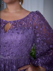 大码花卉刺绣透明蕾丝高低荷叶边袖礼服，长袖伴娘礼服 - 紫色 - 查看 6