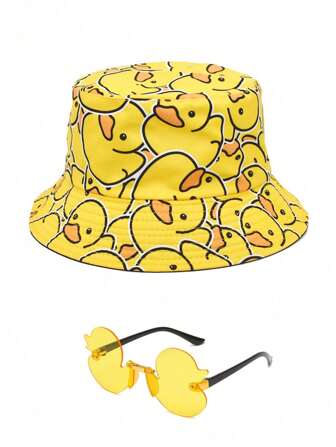 2pcs/Set Teen Casual Cute Style Yellow Duck Bucket Hat And Fashionable Sunglasses Set, Suitable For Daily Outings, Outdoor Beach Vacations, Sun Shading And Sun Protection