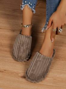 女士休闲毛绒拖鞋，保暖平底室内拖鞋