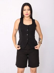 Women's Tailored Vest With Wide Straps, Square Collar, Open Detail At The Front - 黑色 - 查看 3