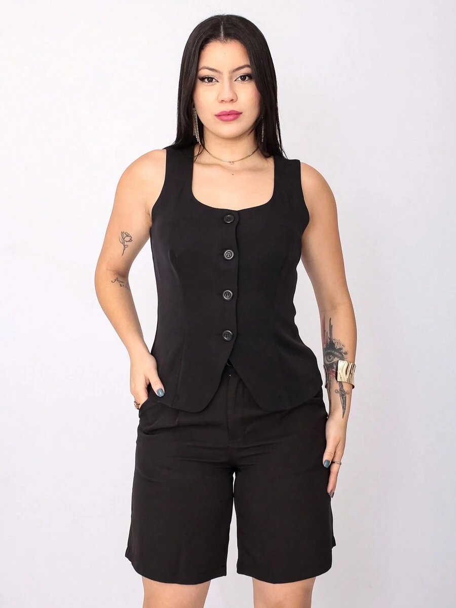 Women's Tailored Vest With Wide Straps, Square Collar, Open Detail At The Front - 黑色 - 查看 1