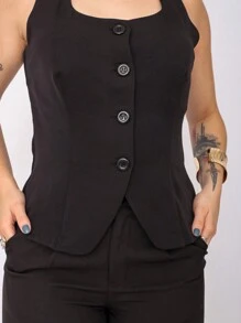 Women's Tailored Vest With Wide Straps, Square Collar, Open Detail At The Front - 黑色 - 查看 7