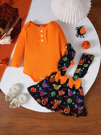 2 件装女婴万圣节南瓜图案无袖上衣和休闲裙装，秋冬