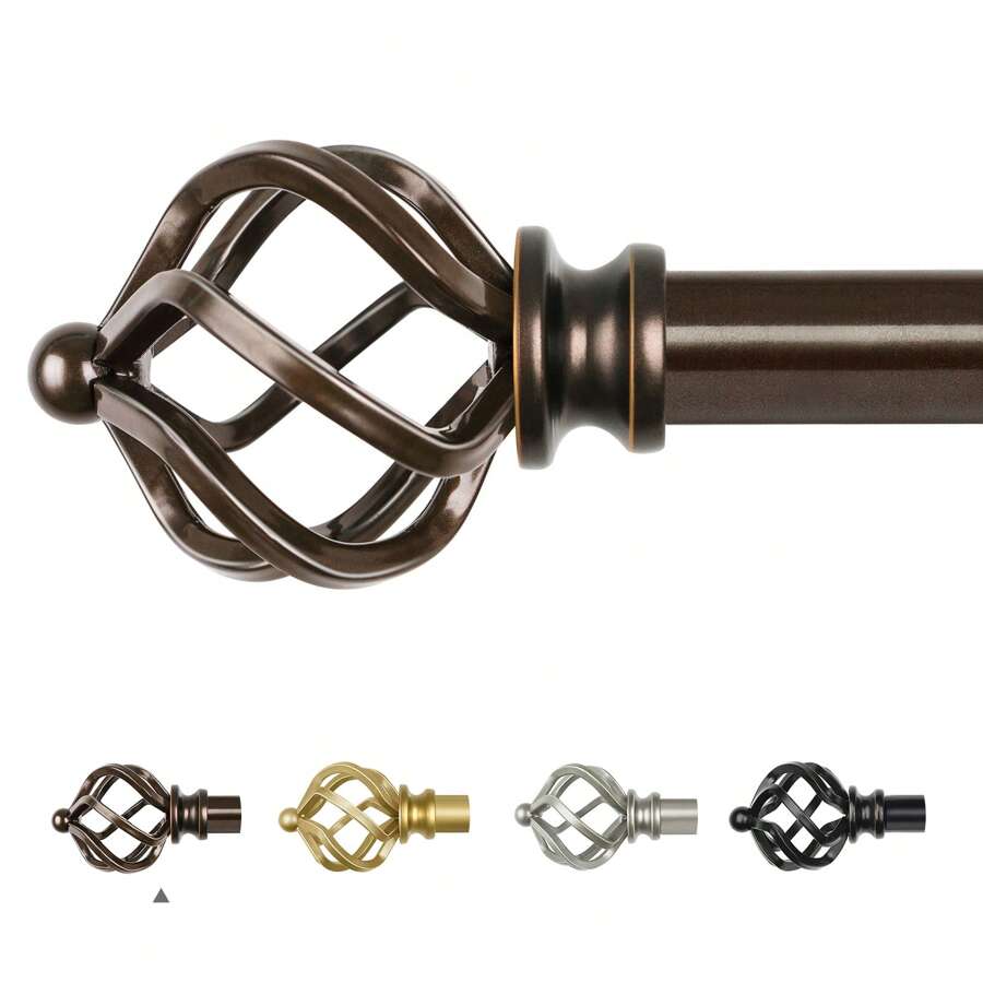 1pc Long Curtain Rods For Windows, Splicing Adjustable Curtain Rod, Single Drapery Rod With Twisted Cage Finial, Bronze/Silver/Black/Gold - Bronze - View 1