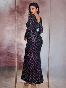 UNITHORSE Thiết kế Váy công chúa thanh lịch cổ chữ V dài tay đính sequin, Váy dạ hội trang trọng, Dành cho khách dự tiệc cưới, Tốt nghiệp, Tiệc tối - Màu xanh hải quân - Xem 3