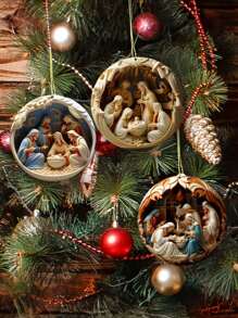 6 件套圣诞耶稣降生场景装饰品 - 亚克力树吊坠、马槽场景装饰、节日家居和派对挂饰、圣诞节 - 彩色 - 查看 1