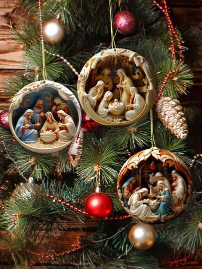 6 件套圣诞耶稣降生场景装饰品 - 亚克力树吊坠、马槽场景装饰、节日家居和派对挂饰、圣诞节