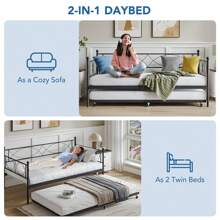 Twin Bed With Pull Out Trundle, Metal Twin Daybed And Trundle Set, Day Bed Sofa Bed Frame With Steel Slat Support, Multifunctional Daybed Frame For Bedroom, Living Room, Guest Room - Black - View 8