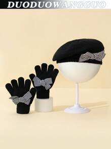 2 pièces / set : 2 pièces béret en tricot blanc pour enfants/tout-petits filles, béret d'artiste mignon, avec gants en acrylique tricoté, mode, élégant, populaire, pied-de-poule, décoration de nœud, , fin pour le début de l'hiver