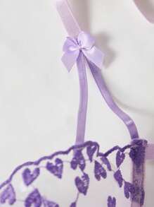Women Sexy Lingerie Set, Purple Heart Embroidered Sheer 2pcs Bra & Panty Set For Bedroom, Date Night, Valentine's Day, Rave