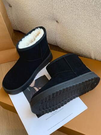 女士复古时尚优雅纯色户外抓绒雪地靴，厚底防滑短靴，保暖防寒，防水防滑，舒适雪地靴，男女通用设计，户外防滑舒适鞋，冬季厚底平底拖鞋