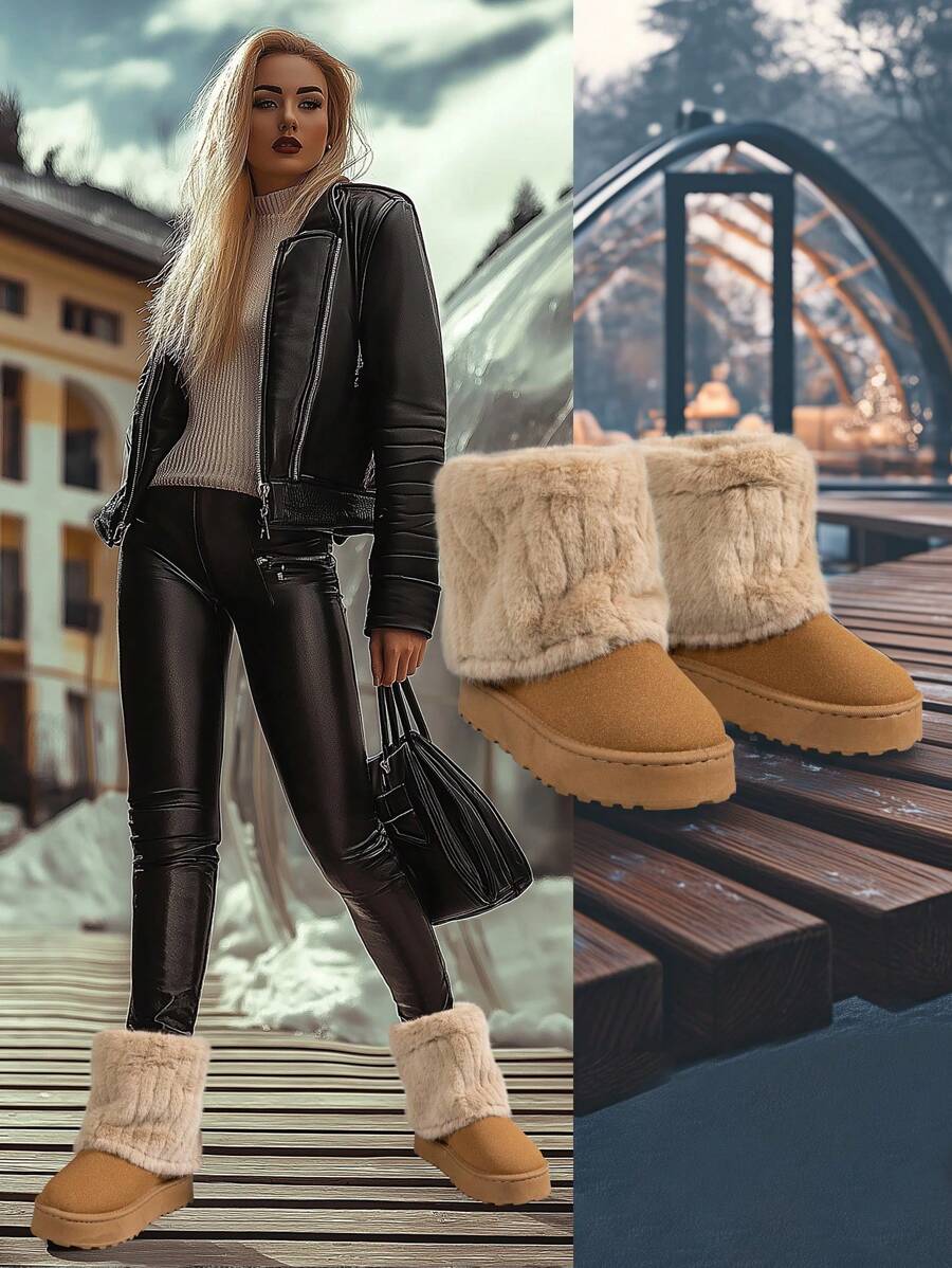 Botas de nieve para mujer 2025, botas cortas con plataforma de suela gruesa y forro térmico, cómodas botas de media pantorrilla de tacón medio plano casual y cálido con suela antideslizante, de estilo slip-on con pelaje, de alta gama, talla grande