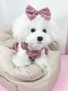 1 件粉色灯芯绒蝴蝶结领口宠物连衣裙，配 1 个粉色蝴蝶结发夹，非常适合狗和猫外出时穿着。 - 粉色 - 查看 13