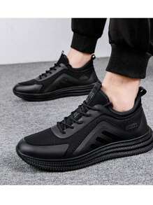 Hombres Zapatos de atletismo transpirable con estampado de letra con cordón delantero deportivo exterior de tela,Zapatos Deportivos Impermeables Antideslizantes Para Hombre, Ropa Informal De Otoño/invierno, Zapatos Para Correr, Negro, Cuatro Estaciones - Negro - Ver 3