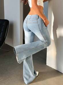 Women Stretch Light Blue Low-Rise Flared Jeans, Vintage Streetwear Style,2026 Spring And Summer, New Year And Valentine. - Blue - View 8