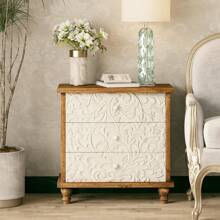 Farmhouse 3 Drawer Dresser With Embossed Flower Leaf Motif Front, Distressed Boho Nightstand, Almost Fully Assembled, Rustic, French Country, Weathered White, Natural & White, Black - Tủ quần áo 3 ngăn kéo White Leaf Front - Xem 9