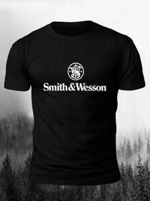 Plus Size Men's Casual Short Sleeve T-Shirt With "Smith & Wesson" Print, Simple Slogan Design, Suitable For Commuting, Dating, Dining Out And Other Formal/Casual Occasions - Round Neck, Short Sleeve, Slim Fit To Highlight Male Physique - Made Of Elastic Polyester Fiber, Soft And Breathable - Machine Washable - Perfect Gift For Men - Black - View 1
