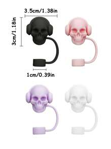 1pc/4pcs Skeleton Head Silicone Straw Cover Caps For 30&40 Oz Tumbler, 10mm Straw Toppers, Reusable Straw Covers, Dustproof Straw Caps, Simple Straw Tip Lids, Holiday Gifts, Trick Or Treat Halloween Parties Small Gifts, Spooky Scary Horror Creepy Dark Skull Straw Cover Caps, Halloween Cup Decorations Accessories - Multicolor - View 3