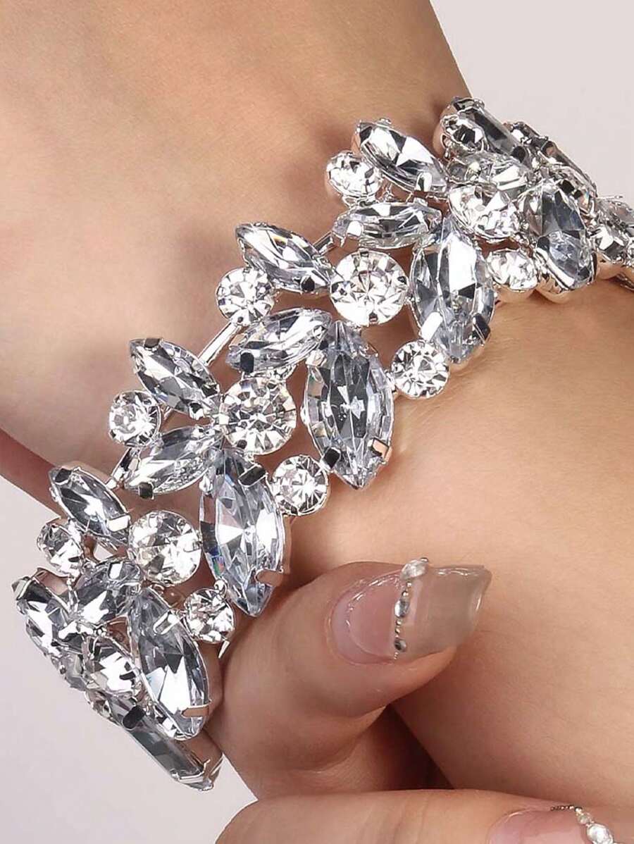 STONEFANS 1pc Silver Crystal Bangle, Exaggerated Open Cuff Bracelet For Women, Stage Accessories - Silver - View 1