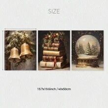 Conjunto de 3 impresiones de arte de pared rústico navideño, pósters de lienzo navideños, bola de nieve del árbol de Navidad, campanas de cascabel, arte de libro pintura al óleo vintage, decoración de Academia Oscura, decoración de invierno, regalos navideños para dormitorio, sala de estar, pasillo, decoración del hogar, sin marco