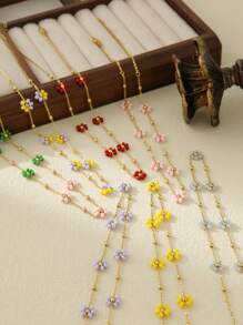 1pc Stainless Steel 18K Plated Multi-Color Flower Necklace, Suitable For Work, Party, Date, Summer Beach Jewelry Valentines - Yellow Gold - View 3