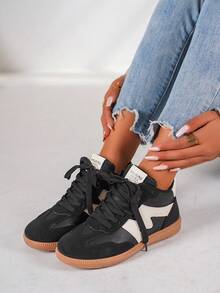 女式黑色训练运动鞋，2024 年新款，平底百搭滑板鞋，休闲/运动风格，舒适时尚，适合春秋日常穿着 - 黑色 - 查看 7