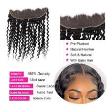 Deep Wave Frontal Closure 13x4 Transparent Lace Frontal Closure 150% Density Brazilian Human Hair 13x4 Ear To Ear Full Lace Frontal Closure Pre-Plucked With Baby Hair Natural Black Color