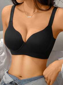 2 piezas Sujetadores lisos de color minimalista, sujetadores acolchados sin aros, sin costuras con aros push-up, copa completa - Multicolor - Ver 4