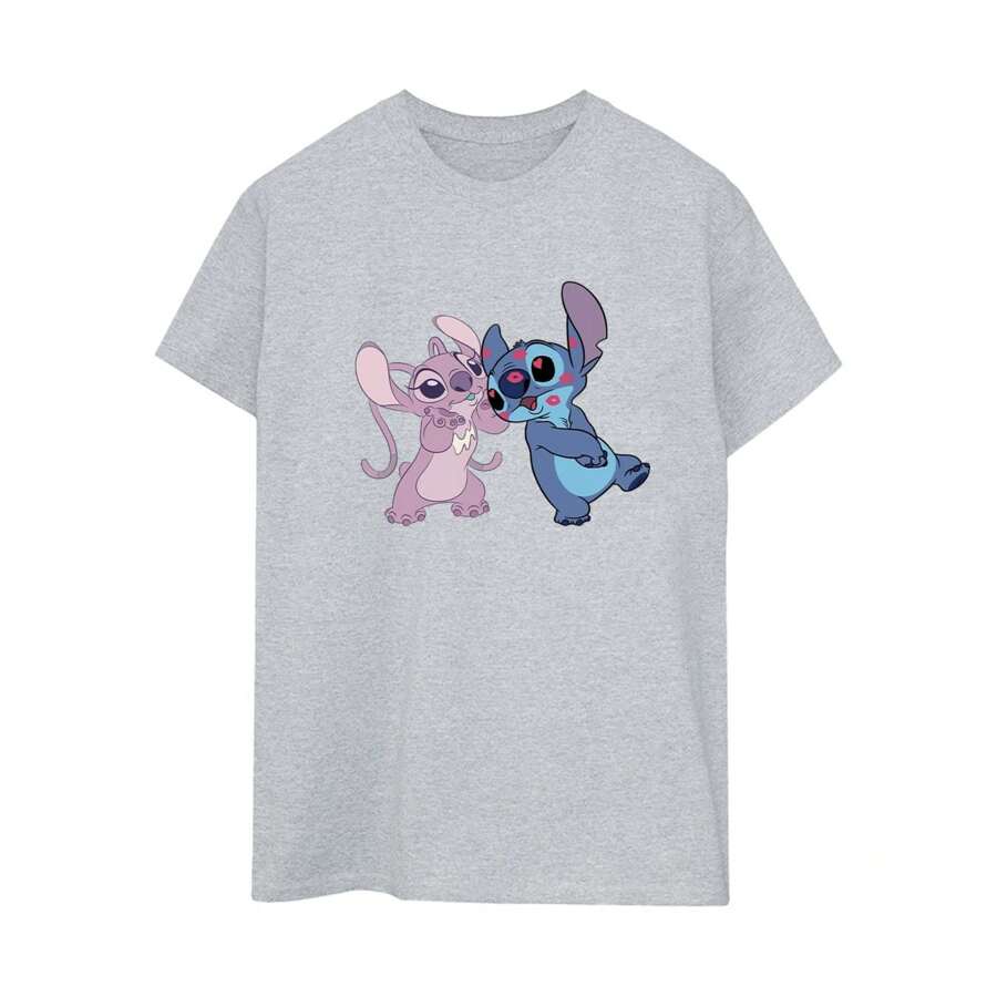 Disney Womens/Ladies Lilo & Stitch Kisses Cotton Boyfriend T-Shirt (Sports Grey)