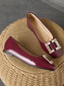 Women's Square Toe Vintage Soft Bottom Shoes, Patent Leather Rhinestone Decorated Casual Slip-On Flat Boat Shoes