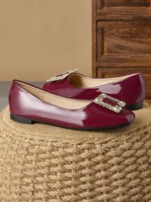 Women's Square Toe Vintage Soft Bottom Shoes, Patent Leather Rhinestone Decorated Casual Slip-On Flat Boat Shoes