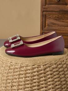 Women's Square Toe Vintage Soft Bottom Shoes, Patent Leather Rhinestone Decorated Casual Slip-On Flat Boat Shoes