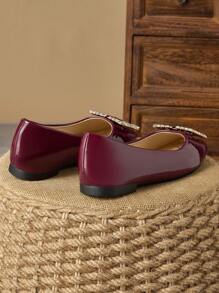 Women's Square Toe Vintage Soft Bottom Shoes, Patent Leather Rhinestone Decorated Casual Slip-On Flat Boat Shoes