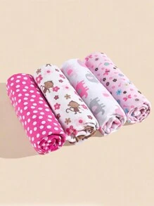 4 Pieces Of Baby Swaddle Blanket Printed With Elephant And Monkey Pattern, Made Of Flannel For Extra Softness - Pink - View 3