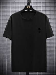 男式加大码夏季棕榈树印花圆领短袖休闲 T 恤 - 黑色 - 查看 3