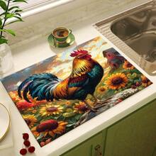 1pc Home Decor Sunflower & Rooster Print Dish Drying Mat, Christmas Tree Pattern Anti-Slip Dishwasher Top Protector Drying Mat, Absorbent Quick-Dry Pad, Durable Kitchen Coffee Machine Drying Mat - Multicolor - View 12