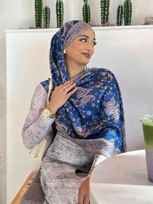 1条波西米亚风围巾，流苏发带，时尚复古佩斯利花纹头巾，休闲优雅防晒围巾披肩，适合日常佩戴和节日送礼 - 寶藍色 - 查看 4