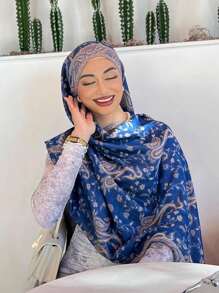 1条波西米亚风围巾，流苏发带，时尚复古佩斯利花纹头巾，休闲优雅防晒围巾披肩，适合日常佩戴和节日送礼 - 寶藍色 - 查看 3