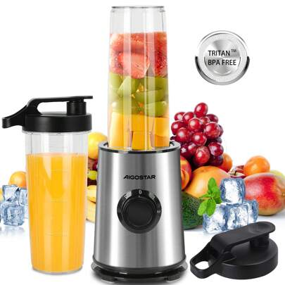 Batidora de Vaso para Zumos, Batidos, Smoothies, 600W, 4 Cuchillas de Acero Inoxidable, Incluye 2 Botellas Deportivas Portátiles de 800ml y 2 Tapas, Acero Inoxidable, Negro