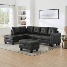 Sofá seccional de 3 plazas de PU negro, chaise longue reversible, con cojines de almacenamiento y portavasos de madera, patas antideslizantes - Negro - Ver 4