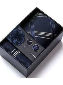 AlanKing 1 set de corbata, pañuelo de bolsillo, gemelos y broche con diseño de flor dorado para hombre, para fiestas/festivales