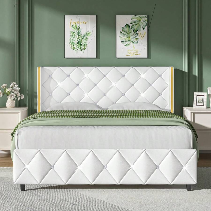 Upholstered Bed Frame With Diamond Tufted Wingback Headboard – Modern Velvet Bed Frame, No Box Spring Needed With Wood Slat Support, Easy Assembly, Twin Bed Frame/  Full Bed Frame/ King Bed Frame, Black/ Pink/ White/ Purple/ Blue/ Green - 白色 - 查看 1