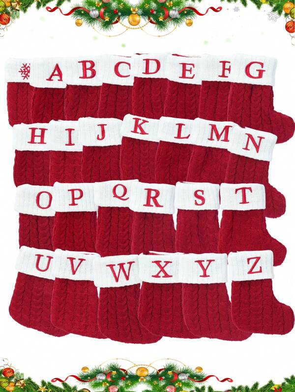 1pc Merry Christmas Red Knit Stocking, Small Xmas English Letters Snowflake Hanging Stockings, Christmas Alphabet Knitting Socks, Christmas Tree Ornaments, Christmas Tree Decorations, Christmas Decorations For Home, Christmas Ornaments For Tree, Personalized Initial Christmas Stocking, Christmas Decor Home, Home Decor, Room Decor, Christmas Gifts Package, Christmas Costumes, Christmas Dress Up, Xmas Gifts, 2026 New Year Decor