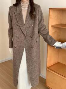 Áo khoác len hai hàng khuy kép cổ vest đi làm ấm áp cho phụ nữ mùa thu đông - màu cà phê - Xem 3